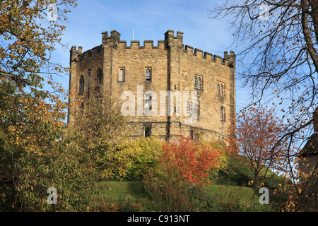 Durham Castle o mantenere con colore di autunno, Durham City, North East England, Regno Unito Foto Stock