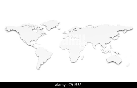 Una mappa del mondo in 3D. Forma di carta sottile e poco profonda. Bianco Foto Stock