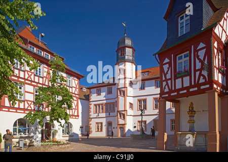 Alzey mercato del pesce cittadina rinascimentale-hall (1586) Deutsches Haus mit Volcurbrunnen ben vecchio centro Rhenish Hesse Rhineland-Palatina Foto Stock