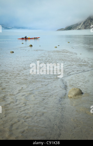 Un kayaker terre su di una superficie piana di limo spiaggia un giorno di nebbia in ingresso Muir, Parco Nazionale di Glacier Bay & preservare, a sud-est di Alaska Foto Stock