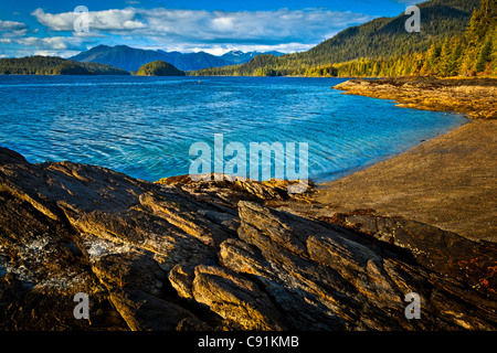 Soleggiato linea di rocce azzurre acque del decantatore's Cove, colono's Cove membro Recreation Site, Ketchikan, a sud-est di Alaska, estate Foto Stock