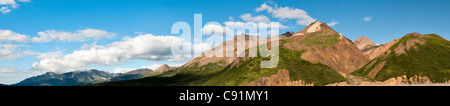 Panorama di pomeriggio in luce l'Alaska Range adiacente al fiume Toklat nel Denali National Park & Preserve, Alaska, molla Foto Stock