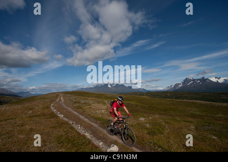 Mountain Biker sul lago perduto il sentiero vicino a Seward, Penisola di Kenai, centromeridionale Alaska, estate Foto Stock