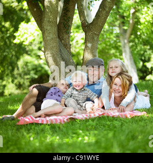 Famiglia avente picnic insieme Foto Stock