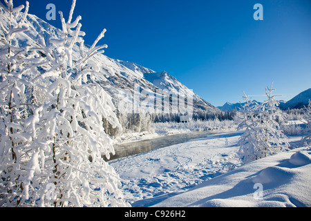 Paesaggi innevati lungo la East forcella di sei miglia Creek sulla Penisola di Kenai nel Chugach National Forest, Alaska Foto Stock