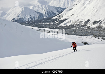 Donna sciatore sci backcountry in PMS ciotola in Turnagain Pass, Chugach National Forest, centromeridionale Alaska, inverno Foto Stock