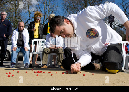 Il mondo annuale marmi campionati, svoltasi il Venerdì Santo presso il pub Greyhound a Tinsley Green, Crawley, West Sussex, in Inghilterra Foto Stock