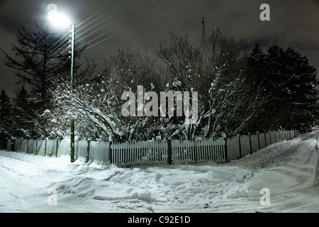 Coperta di neve Picket Fence e alberi Foto Stock