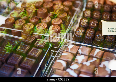 Close up di cioccolatini in caso di visualizzazione Foto Stock