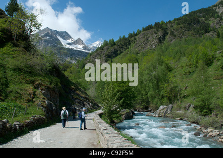 Vista verso il Cirque de Gavarnie e Gavarnie fiume. Parco nazionale des Pyrenees, Pirenei, Francia. Giugno. Foto Stock