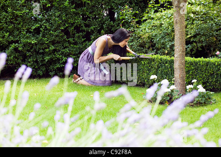 La donna la potatura di piante in cortile Foto Stock