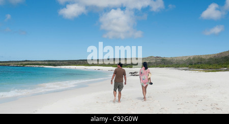 Vista posteriore di turisti camminare sulla spiaggia, Baia Gardner, all'Isola Espanola, Isole Galapagos, Ecuador Foto Stock