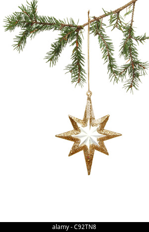 Stella d'oro albero di Natale ornamento appeso a un albero di pino ramo isolato contro bianco Foto Stock