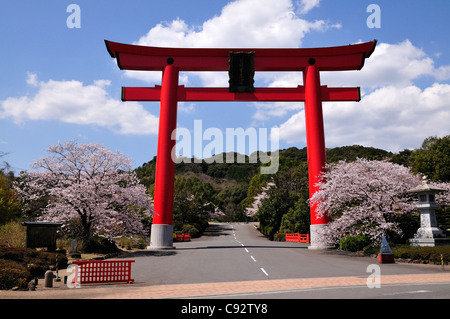 Vi è una grande torii o il cerimoniale lo shintoismo porta ad un santuario nel Saikai. Queste porte sono spesso dipinte di rosso. Foto Stock