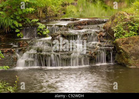 Cascata presso il 'bruciare' in esecuzione attraverso la tenuta di Cragside House l'ex casa del Signore Armstrong vicino a Rothbury. Foto Stock