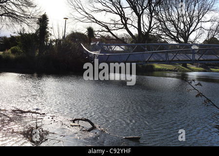 Vista generale mostra quake-case danneggiate attraverso il fiume Avon che attraversa il borgo di Avondale,Christchurch, Nuova Zelanda Foto Stock