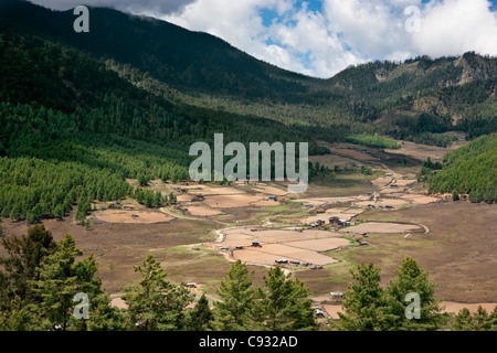 Le aziende agricole della fertile valle Phobjikha. Foto Stock