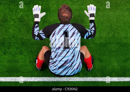 Foto aerea di un portiere di calcio permanente sulla linea del traguardo in posizione pronta per affrontare un calcio di rigore. Foto Stock