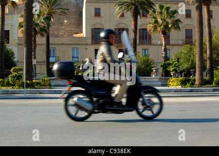 Sicilia, Italia, Europa occidentale; un 'Motorino' passando davanti di palme di Trapani del centro storico Foto Stock