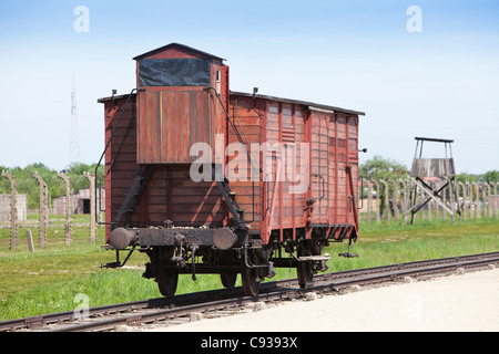 Polonia, Brzezinka, Auschwitz II - Birkenau. Un carro merci utilizzati per il trasporto delle vittime di Auschwitz II - Birkenau camp. Foto Stock