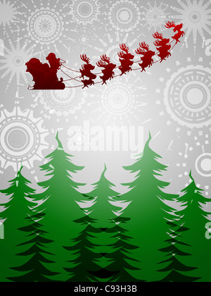 Santa Sleigh renne volare sopra gli alberi su Silver Sun Star illustrazione dello sfondo Foto Stock