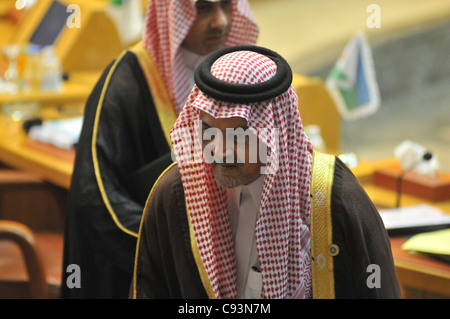 Ministro degli Esteri saudita Saud al Faisal presso la Lega Araba incontro hosting PM turco Erdogan, Il Cairo. Foto Stock