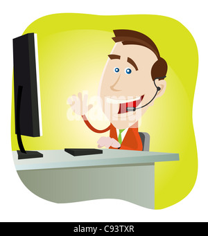 Illustrazione di un cartone animato uomo felice del supporto IT. Foto Stock