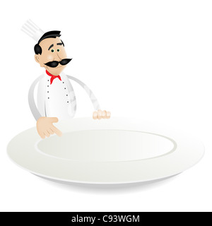 Illustrazione di un cartoon chef di cucina con piastra di supporto per la visualizzazione del menu oggi Foto Stock