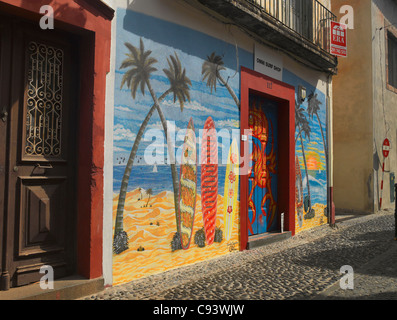 Colorato Surf Board negozio Surfboard Shop in stretta negozi Strade della città vecchia Funchal Madeira Portogallo Europa UE Foto Stock
