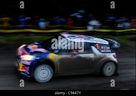 11.11.2011 POWYS, GALLES. Sebastien Loeb (FRA) e Co-Driver Daniel Elena (MCO) in #1 Citroen Total WRT Citroen DS3 WRC in azione sul secondo passaggio del Dyfi est stadio (SS9) durante il giorno 2 del FIA WRC Rally Galles GB. Credito: ActionPlus Foto Stock