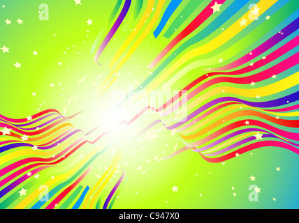 Illustrazione delle curve ondulate linee colorate su sfondo verde con burst di stelle Foto Stock