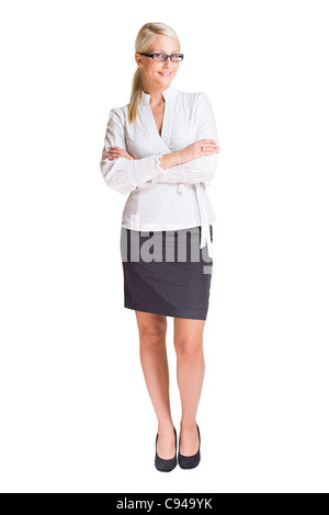 A piena lunghezza Ritratto di una giovane e bella donna d'affari isolato su bianco. Foto Stock