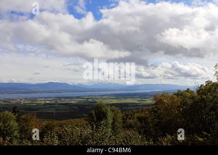 Vista del Lac Leman o Lago di Ginevra da colline sopra Nyon SVIZZERA. Foto Stock