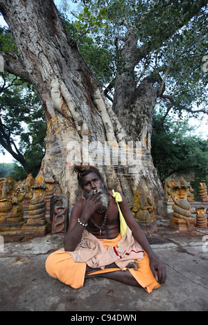 Sadhu seduto e fumare in corrispondenza di un albero di santo con le statue di divinità Indù Tamil Nadu India Foto Stock