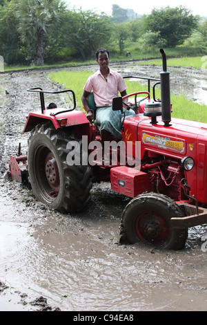 Preparazione del trattore una risaia Tamil Nadu India Foto Stock