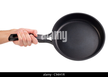 Padella in una mano isolato su bianco Foto Stock