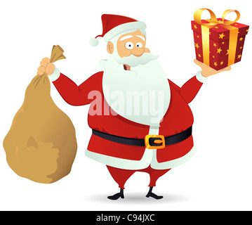 Illustrazione di Babbo Natale consegna confezione regalo e tenendo la sua borsa piena per le vacanze di natale Foto Stock