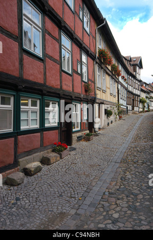 Le strade di Quedlinburg, Germania. Quedlinburg divenne un Patrimonio Mondiale Culturale e Naturale sito Patrimonio dell'Umanità nel 1994 Foto Stock