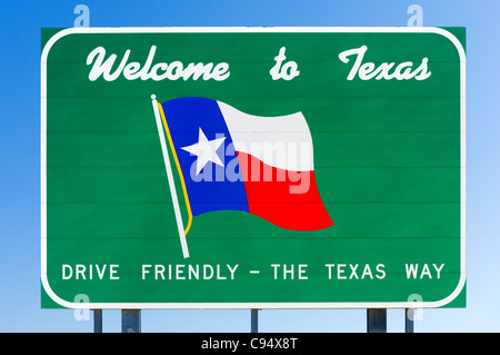 Benvenuti al Texas segno sulla US/confine messicano, Texas, Stati Uniti d'America Foto Stock