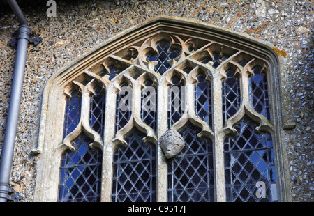 Un esempio di un nido di vespe costruito sull'esterno di una finestra della Chiesa a Stody, Norfolk, Inghilterra, Regno Unito. Foto Stock