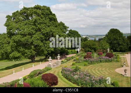 Mount Edgcumbe giardini, Cornwall, Regno Unito. Una vista dalla casa oltre l'Earl's Giardino e prato Est Terrazza Foto Stock