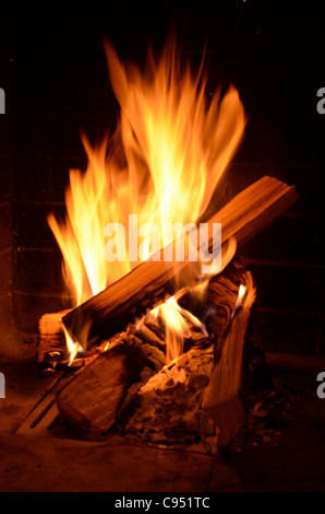 Uno scoppiettante fuoco di legna all'interno di uno chalet svizzero in Wengen. Foto Stock