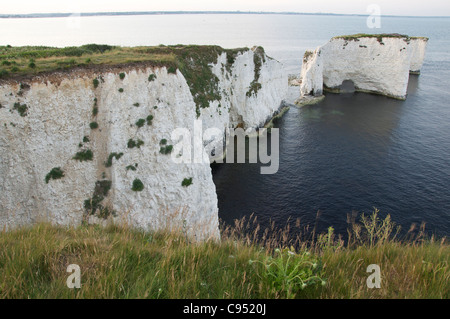 Old Harry Rocks. Massive chalk pile in piedi appena fuori le vertiginose scogliere calcaree della costa Purbeck. Il Dorset, Inghilterra, Regno Unito. Foto Stock