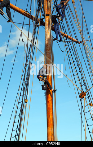 Ragazza con macchina levigatrice - giovani velisti sono la carteggiatura il montante e il rig di 35m topsail schooner Lilla Dan in Copenhagen. Foto Stock