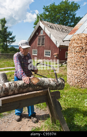 Un vecchio uomo che seghe di legna da ardere Foto stock - Alamy