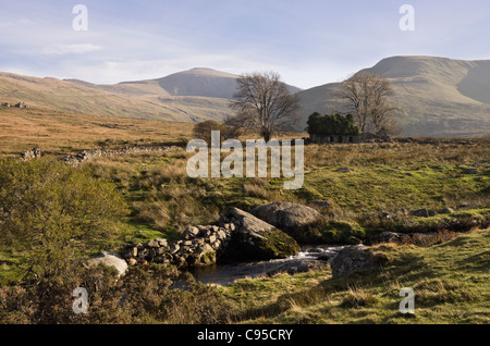 Llanberis, Gwynedd, Galles del Nord, Regno Unito. Vista di fattoria abbandonati edificio Cynghorion Moel e culla-y-Ddysgl attraverso Afon Arddu river Foto Stock