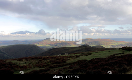 Il Shropshire Hills visualizzati qui sono Caer Caradoc,speranza Bowdler Hill e Wilstone Hill tutti i quali sono immersi nella luce del sole. Foto Stock