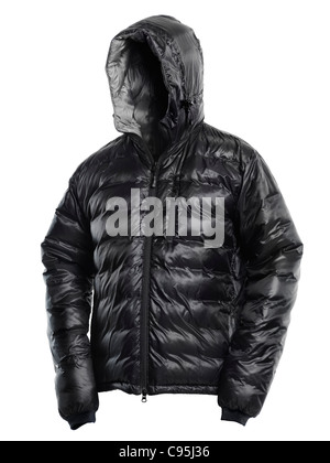 Nero giacca invernale con una cappa. Mannequin invisibile. Isolato su sfondo bianco. Foto Stock