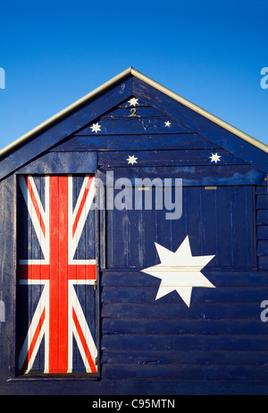 Iconico Australian beach hut presso la spiaggia di Brighton in Melbourne, Victoria, Australia Foto Stock