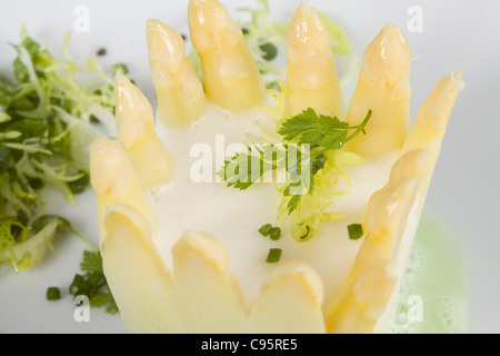 Gli asparagi di Chartreuse con insalata di erbe e salsa di cerfoglio Foto Stock